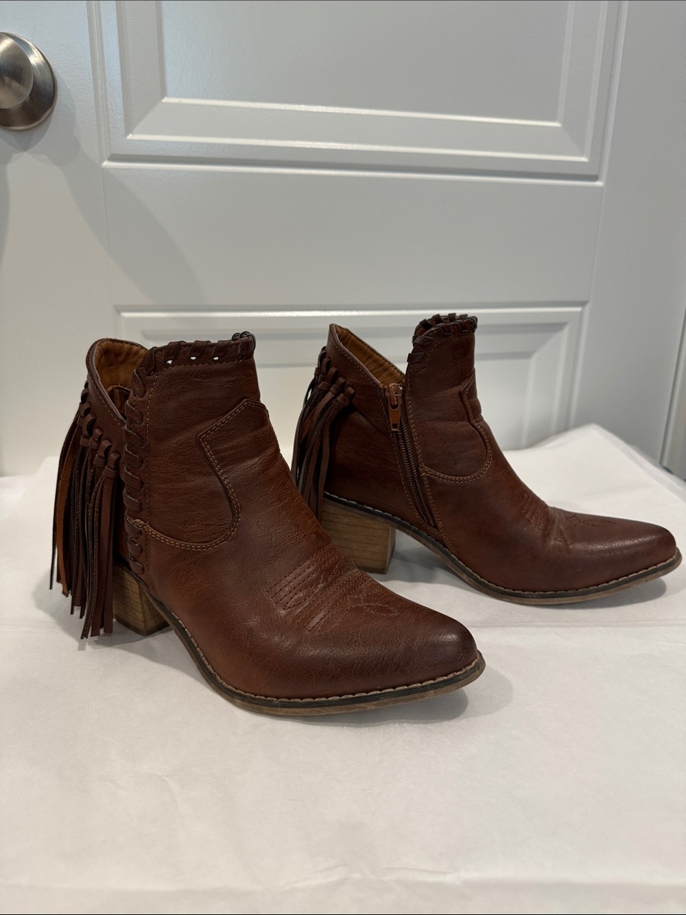 Natural Reflections Brown faux Leather Fringe Ankle Booties